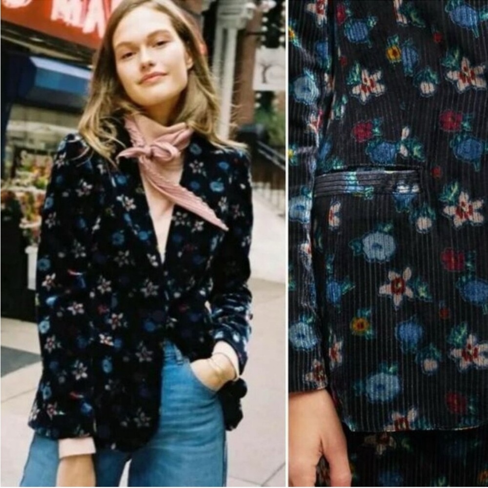 Ett: Twa by Anthropologie Black Blooming Floral Velvet Blazer Jacket